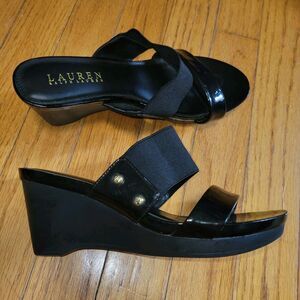 Ralph Lauren Shianna Womens Black Double Strap Platform Wedge Slide Sandal 5.5 B